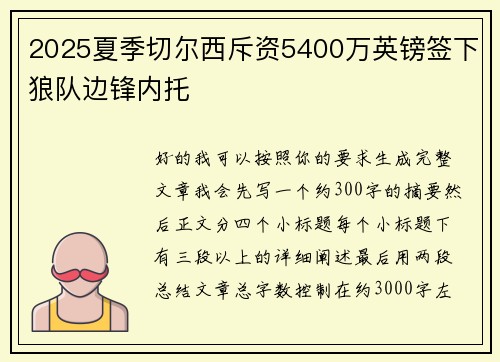 2025夏季切尔西斥资5400万英镑签下狼队边锋内托 2025夏季切尔西斥资5400万英镑签下狼队边锋内托