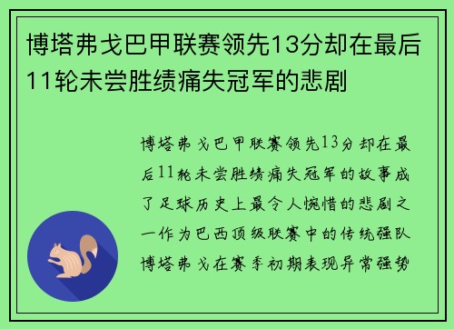 博塔弗戈巴甲联赛领先13分却在最后11轮未尝胜绩痛失冠军的悲剧 博塔弗戈巴甲联赛领先13分却在最后11轮未尝胜绩痛失冠军的悲剧